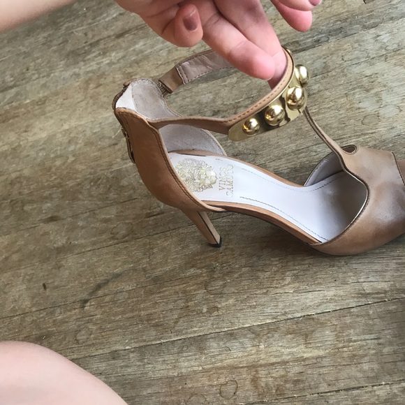 Vince Camuto open toe brown/gold Melba heels 8.5 - Picture 3 of 7